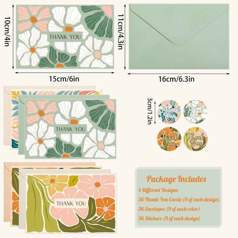 Thboxes Thank You Cards with Envelopes, 36 Pack Thank You Cards Bulk with Envelopes & Stickers 4x6 Inch Greeting Card for Birthday, Wedding, Baby Shower, Graduation, Bridal Shower, Business - Image 2